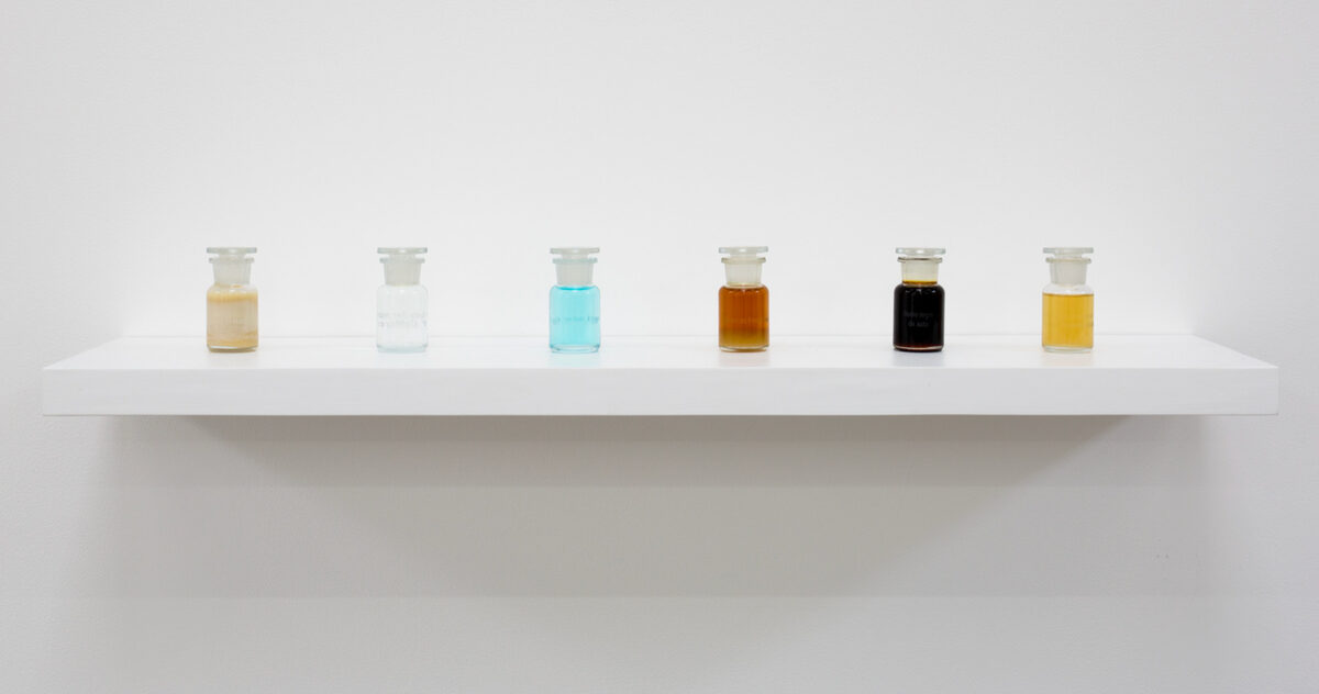 Chantal Peñalosa Fong, [*A Few Cubic Meters of Air Between the United States and Mexico*](/artworks/534ebdbb-1582-4e7d-f2c2-08dea2142973) (2019). Six engraved glass bottles with scent, variable dimensions. Scents, from left to right: Carne Asada Tacos; Highway Far South of California; Brand New Car; American French Fries; National Garbage in Decomposition; American French Fries.