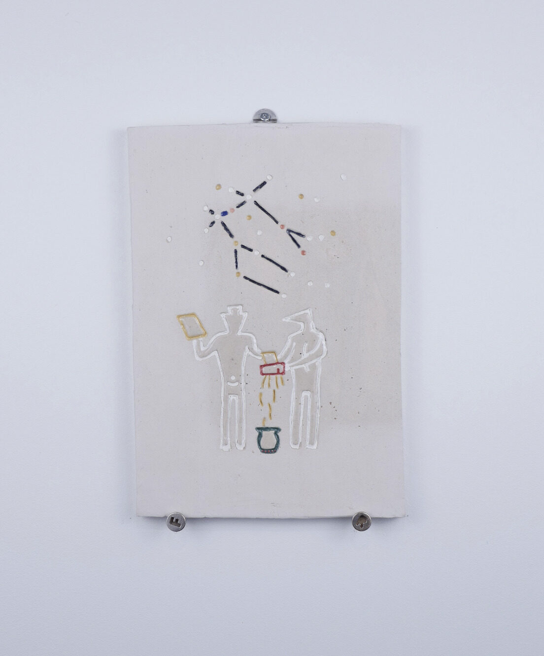 Frank&Robbert Robbert&Frank, *[Clay Tablet - Gemini Ritual](\artworks\d05c91b3-9cac-47cc-9f66-08de5cba0aa5)* (2019). Clay tablet depicting the ritual burning of minor sorrows, presented with the artists’ signature 3D-printed steel screws (F-screw at left, R-screw at right).