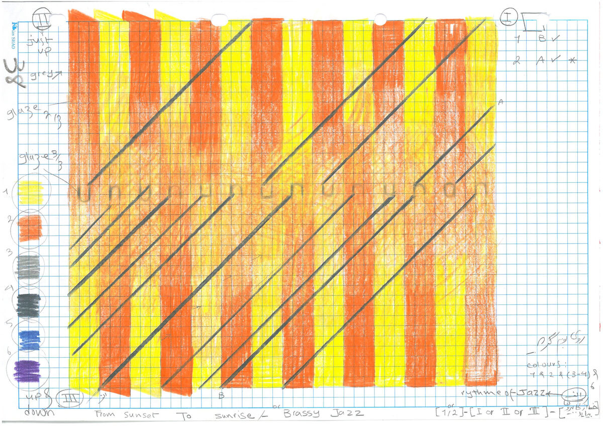 Study for the *From Sunset to Sunrise* series, 2021, colored pencil on grid paper