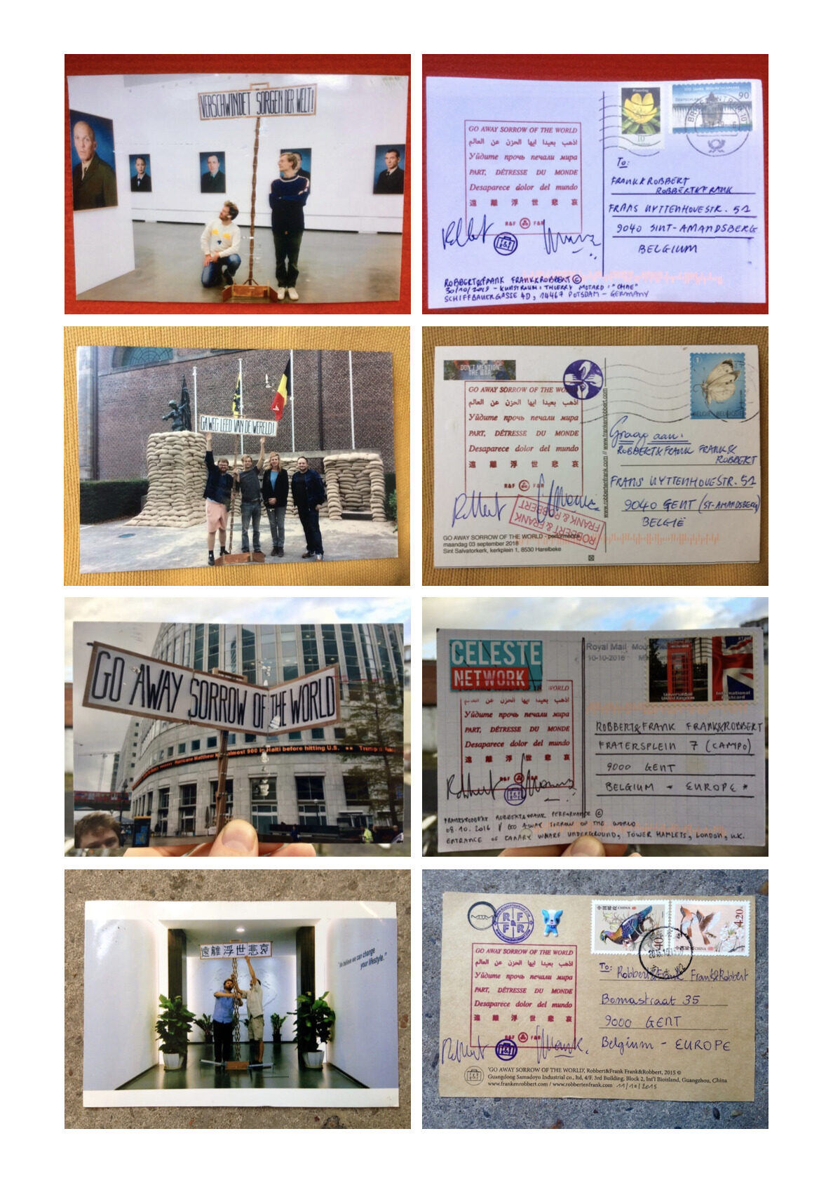 Frank&Robbert Robbert&Frank, *[GO AWAY SORROW OF THE WORLD](\artworks\fe23225f-00cf-4009-b706-a5e676f9b59a)* (2008 / 2026). Postcards bearing the location, date, and details of the performance; the stamp, together with the postmark, functions as a form of proof, conferring an official status and transforming each card into a certificate.