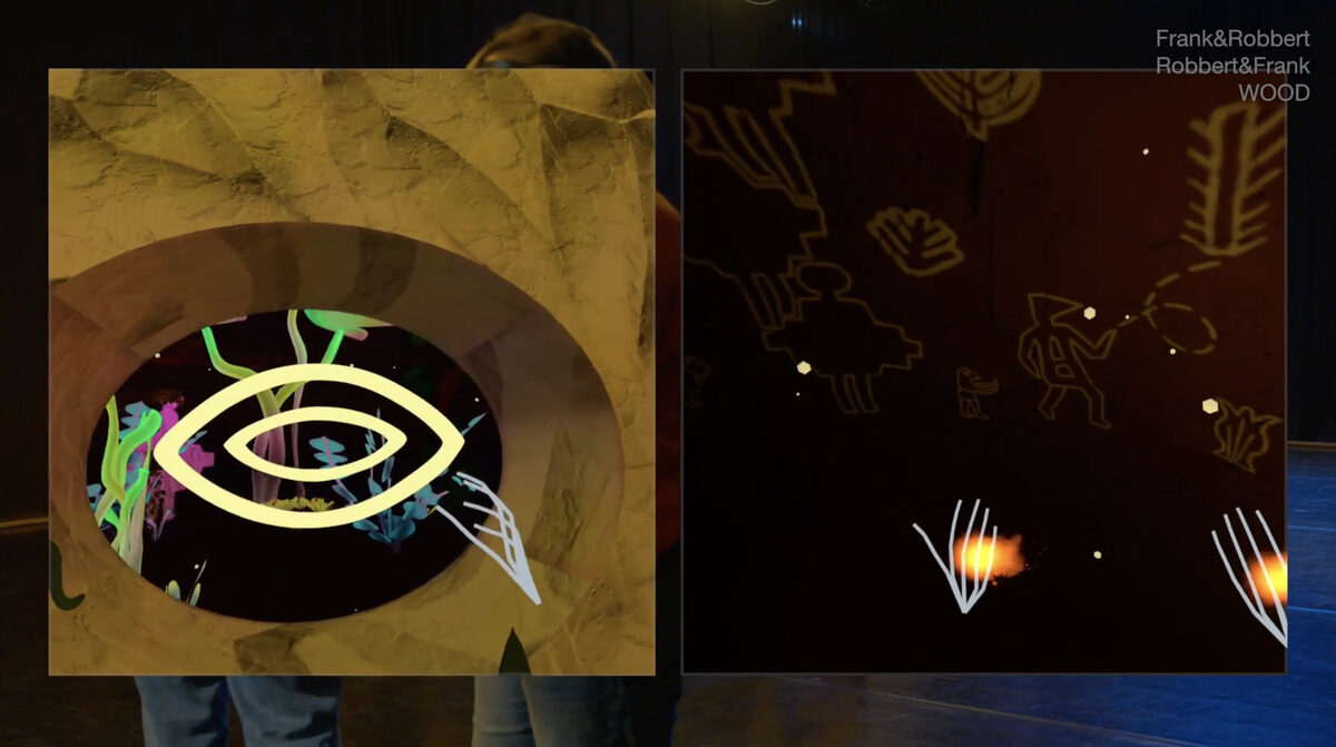 Frank&Robbert Robbert&Frank, *[WOOD](\artworks\7282767b-0d7f-486f-a417-738cb52fe8cf)* (2025). Screenshot from video documentation combining footage from the Belgian premiere at *[Beyond the Black Box Festival](\exhibitions\048af4c4-2ecd-4d52-a61e-6baf39a7a028)*, Antwerp, and the international premiere at [internationales figuren.theater.festival](\institutions\90c9e326-ff0d-4964-9255-08de890ba785), Erlangen; participants select symbolic elements as building blocks within the unfolding performance.