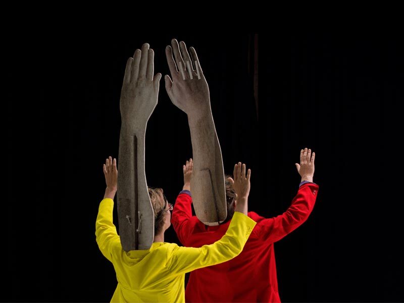 Frank&Robbert Robbert&Frank, *[Don’t We Deserve Grand Human Projects That Give Us Meaning?](\exhibitions\16ac55ae-e4a9-4bfd-a63a-5db4a3e55576)*, performed at [Beursschouwburg](\institutions\059d6914-fc75-438b-de6a-08de890082e9), produced by [CAMPO arts centre](\institutions\ef9b166b-bf72-4ce1-de6b-08de890082e9), 2017. Close-up view of performance.