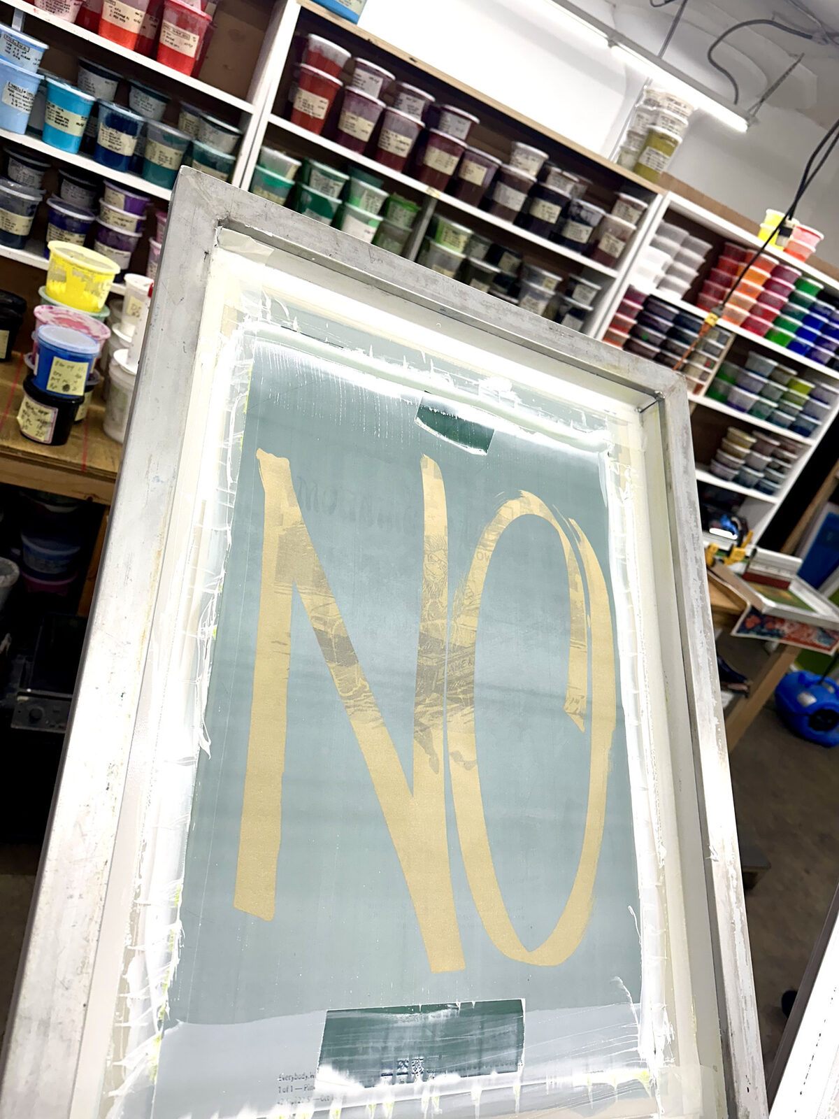 Silkscreen printshop view at LET GO PRINTING, Los Angeles, 2025